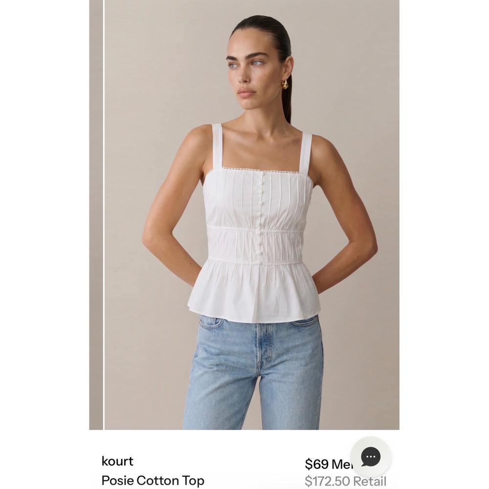 Kourt Posie Cotton Top White Sleeveless Peplum Pintuck Button Front Size 12